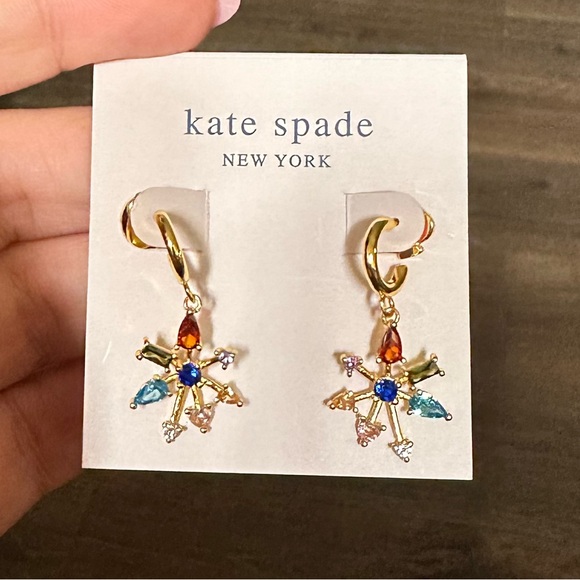 KATE SPADE NEW YORK Firework Floral Gold Tone Huggie Drop Earrings - Picture 2 of 3